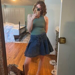 American Vintage Blue Tie Front Skater Mini Skirt